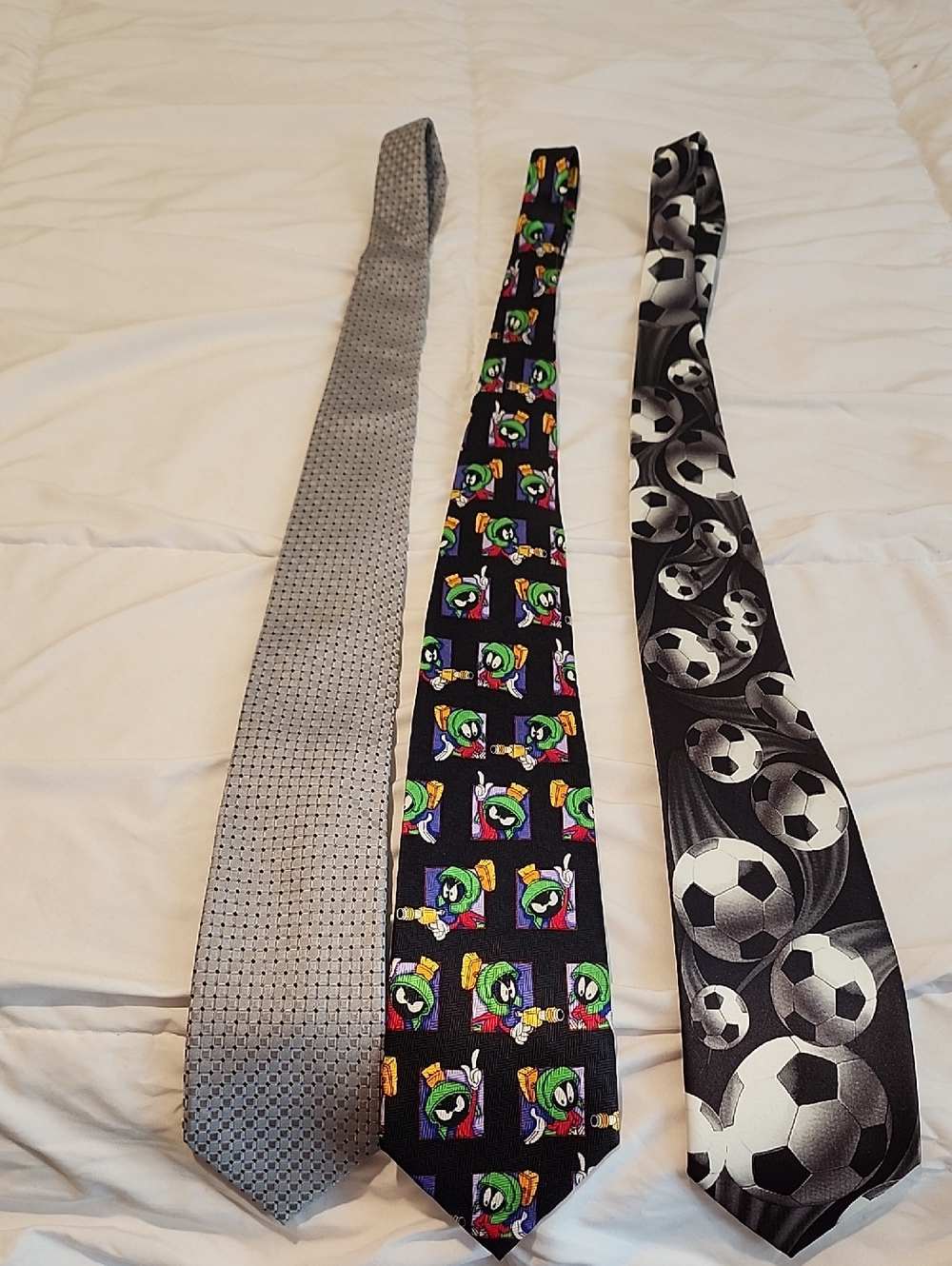 Three Men's Novelty Ties - Silver Geometric, Cartoon Character, Soccer Print